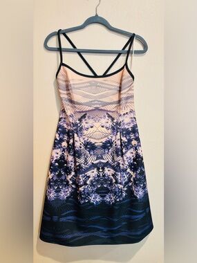Max Studio Purple and Cream Abstract Floral Summer Cocktail Dress, Size 2